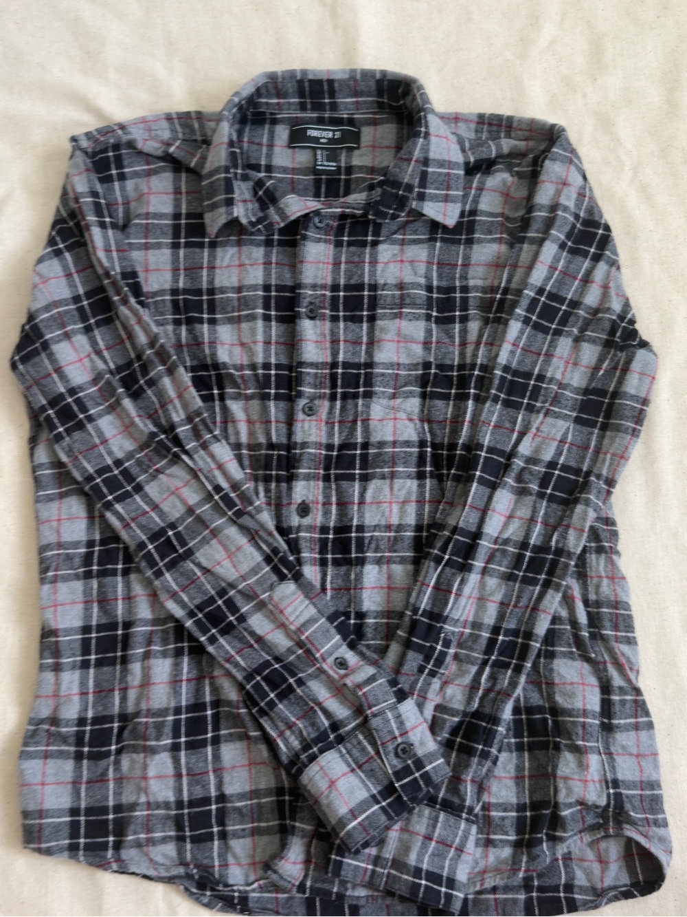 Forever 21 Men’s Gray and Black Plaid Button-Down Shirt with Red Accents
